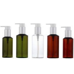 Refillable Plastic Bottle Brown Green Clear Round Shoulder Matte Silver Collar Bring Card Buckle White Lotion Pump Empty Cosmetic Packaging Container 100ml 150ml
