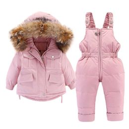 -30Russia 2pcs Winter Set Down Jacket for Girl Real fur Toddler New Year Clothes Kids Overalls Snowsuit Baby Boy jumpsuit jacket H0909