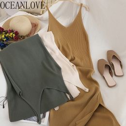 OCEANLOVE V Neck Solid Knitted Dresses Casual All Match Simple Fashion Korean Women Dress Elegant Vestidos New Clothes 15517 210316