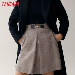 Tangada autumn winter women plaid pattern thick skirts belt decorate zipper female mini skirt 4C51 210310