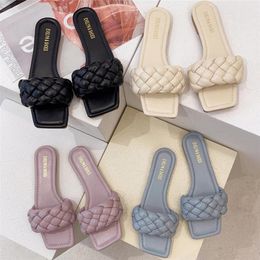 Slippers 2021 Summer Women Green Flats Slides Leather Weave Mules Platform Lady Purple Blue Slaps Luxury Designer Shoes