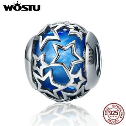 WOSTU Top Sale 925 Sterling Silver Shimmering Star Blue Crystal CZ Beads fit Women Bracelets & Bangles Jewellery Gift Q0531