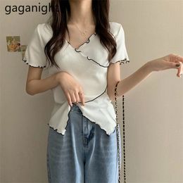 Summer Women T Shirt Sexy V Neck Ladies Slim Knitted Crop Tops Short Sleeve Solid Tee Korean Female Tshirts 210601