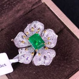 -Esmeralda flores anel de platina princesa anéis de noivado para mulheres casamento jóias anéis de casamento acessível abertura ajustável