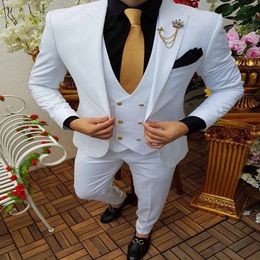 White Three Pieces Groom Tuxedos Handsome Coat Pant Vest Satin Mens Suit For Wedding 2022 Slim Peaky Blinders Boyfriend Wear Groombride Men Suits