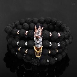 8mm Lava Stone Beads Charm Zircon Crown Volcanic Rock Beaded Bracelets Fashion Women Men Jewelry Bangle