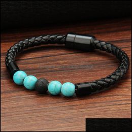 Braccialetti con ciondoli Gioielli Uomo in vera pelle Lava Rock Bead Staffe per donna Turchese naturale Diffusore di olio essenziale Pietra Fibbia magnetica