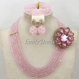 Earrings & Necklace Pink Nigerian Wedding African Crystal Beads Jewellery Set 2021 Costume Bridal AMJ496