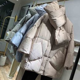 Women White Duck Down Puffer Jacket Winter Warm Thick Loose Long Coat Female Fashion with Scarf Parkas Ladies Outwear 210525