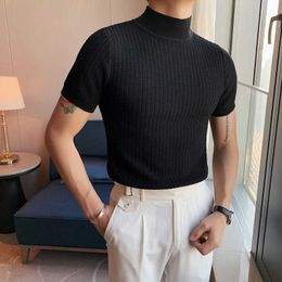 Half High Collar Knitted T-shirt Korean Slim T Shirt Men Spring Streetwear Casual Tops Tees Breathable Comfortable Clothes 210527