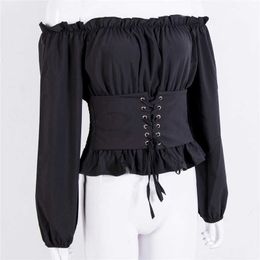 Fashion Women Off Shoulder Top Wear Lace-up Waist Corset Long Sleeves Autumn T-shirt New Sexy Pure Color Tee Tops Female T-shirt X0628