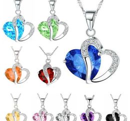 2021 Women Fashion Heart Crystal Rhinestone Silver Chain Pendant Necklace Jewellery 10 Colour Length 17.7" inch