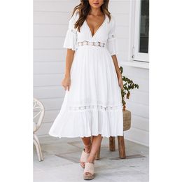 Elegant White Women Dress Sexy V-Neck Lace Patchwork Flare Sleeve High Street Long Midi Female Beach Dresses Plus Size W528 210715