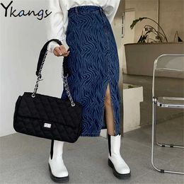Vintage Zebra Print High Waist Women Long Denim Skirt Korean Elegant Casual Korean Female Black A Line Jean Skirts Streetwear 210619