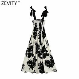 Zevity women vintage black leaves print elastic sling linen midi dress chic female bow tied strap ruffles casual dresses DS4151 210316
