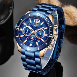 LIGE Luxury Men Watches Top Brand Fashion Blue Stainless Steel Sport Watch For Mens Casual 50M Waterproof Chronograph 210527