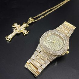 Luxury Men Gold Silver Colour Watch & Necklace Combo Set Necklace Chain Ice Out Cuban Watch Hip Hop Stylish Hip Hop For Men H1022