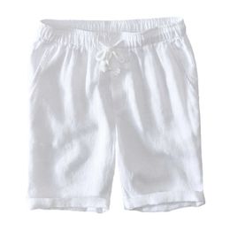 Summer Pure Linen Shorts For Men Classical Knee Length Solid Colour Pants High Quality Plus Size Drawstring Shorts 210601