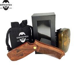 MOQ 100 Sets OEM ODM Custom LOGO Retro Beard Hair Care Set with Premium Sandalwood Wooden Foldable Comb Mini Beards Brush and Bag & Box