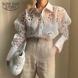 High Quality Hollow Out Floral Embroidery Elegant Shirt Lady Sexy See Through Long Sleeve Loose White Blouse Top Trend 13369 210528