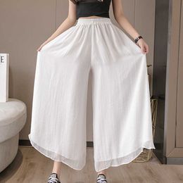 New Spring Summer Thin Double-layer Chiffon Wide Leg Pants Women's Elastic Waist Ankle Length Trouser Skirt Pants for Women Q0801