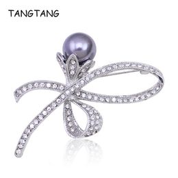 Pins, Brooches TANGTANG Antique Brooch For Woman Bow-knot Pin Simulated Pearl Mothers' Gift Rhinestone Jewellery Shawl Coat