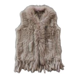 Real ladies Genuine Knitted Rabbit Fur Vest With Raccoon Trimming Waistcoat Winter Jacket harppihop fur 210816