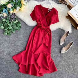 Womens Casual Wear Summer Short Sleeve Solid Trumpet Dress Ladies Sexy V Neck Bandage Dresses White Vestidos Mujer 210525