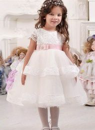 Cute White Lace Flower Girl Dresses First Communion Dress Tiered Party Prom Princess Pageant Gown With Pink Sashes