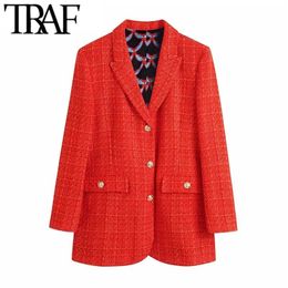 TRAF Women Fashion With Print Lining Fitted Tweed Blazer Coat Vintage Long Sleeve Pockets Female Outerwear Chic Veste 211116