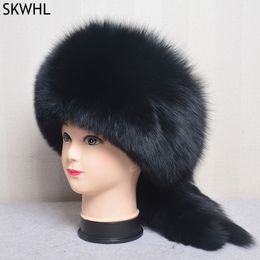 Russian Style Women Real Natural Fox Fur Cap With Fox Tail Fashion Lady Winter Thicken Warm Soft Fox Bomber Beanie Hat