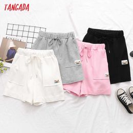 Tangada Women Summer Solid Colour Casual Shorts Bow Pockets Strethy Waist Female Retro Shorts Pantalones 5N15 210609