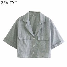 Zevity Women Vintage Pockets Patch Striped Short Smock Blouse Office Ladies Breasted Business Shirts Chic Blusas Tops LS9203 210603