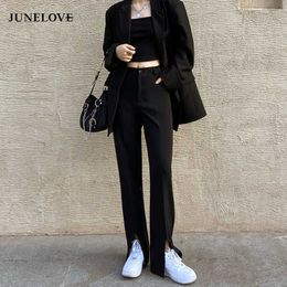 JuneLove Vintage Long Flare Pants Women Korean Streetwear Sexy High Waist Trousers Lady Casual Front Split Bell Bottom Long Pant 210706