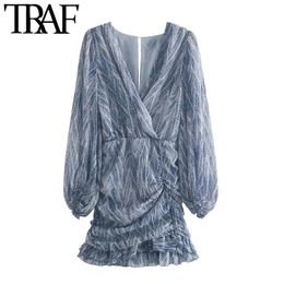 TRAF Women Chic Fashion Animal Print Asymmetric Draped Mini Dress Vintage Long Sleeve Ruffled Female Dresses Mujer 210309
