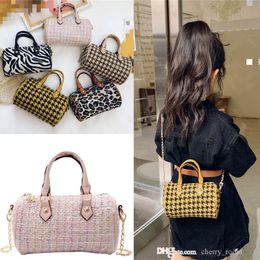 children designer handbag kids zebra-stripe plaid wool bucket bags fashion cute girls casual chain one shoulder crossbody bag F618