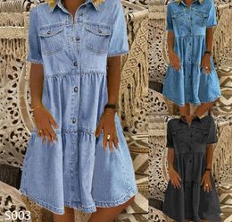 Women Summer Short Sleeve Denim Dresses Button Pockets Jeans Knee Length Dress Ladies Casual A-line Dresses X0521