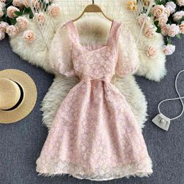 Women Fashion Sweet Printing Short Sleeves Slim Princess Dress Summer Square Neck Clothes Vestidos S573 210527