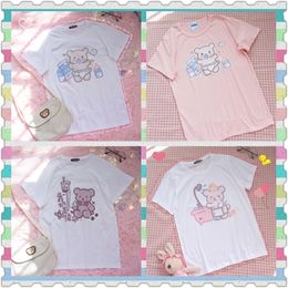 Japanese Soft Girl Cute Baby Bottle Bear Short Sleeve T shirt Tee Student Harajuku Loose Kawaii Ulzzang Cotton T-shirt Tops 210315