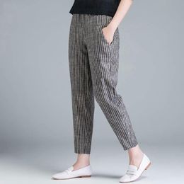 F&je New Arrival Summer Women Pants Plus Size Korea Fashion High Waist Thin Casual Harem Pants Striped Cotton Linen Trousers D45 201119