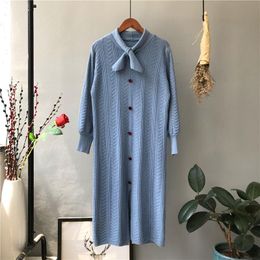 Women's Sweaters 2021 Autumn Bow Avocado Green Sweater Dress Hedging Small Fragrance Fresh Long Knee