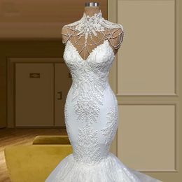 Ślubne białe sukienki syrenki wysoko szyi z koraliki koronkowe aplikacje zamek błąd seksowna sukienka dla nowożeńców