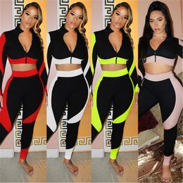 Womens Splicing Skinny 2Pcs Sets Fashion Trend Long Sleeve Zipper Short Tops Trousers Tracksuits Spring Female Mid Waist Casual Slim Suits