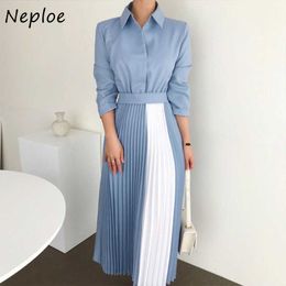 Neploe 2021 New Spring Women Vintage Loose High Waist Slim Was Thin Elegant High Waist Panelled Color Folds Maxi Dress Robe C0607