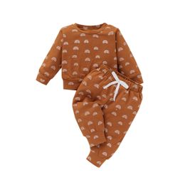 Boys Casual Two-piece Clothes Set Rainbow Printed Pattern Round Collar Pullover and Pants, Brown/ Grey G1023