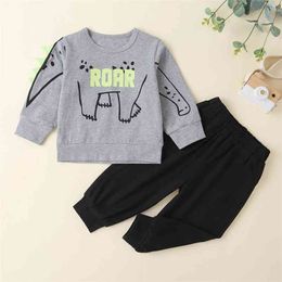 Summer Infant Rompers Clothes Print Dinosaur O Neck T-shirt Black Long Pants Baby Boys Costume 3M-24M 210629