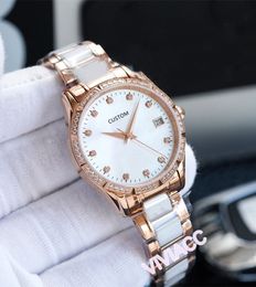 Famous Stainless Steel Mother of pearl watches Yellow Gold white ceramic clock women Automatic Mechanical calendar watch 34mm