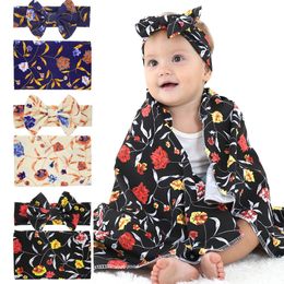 Newborn Baby Swaddling Blankets with big bow Headbands Infant Floral Swaddle Wrap Blanket Hairband Set Kids toddler Cotton wrapping cloth BHB37