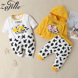 ZAFILLE Boy Set Cow Print Hooded Top+Pants Cartoon Outfit Newborn Baby Romper Winter Clothes For Babies 210309