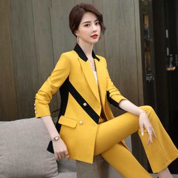 High-quality Yellow Fashion Temperament Professional Wear Ladies Color Matching Small Suit Wide-leg Pants Autumn and Winter Host 210527
